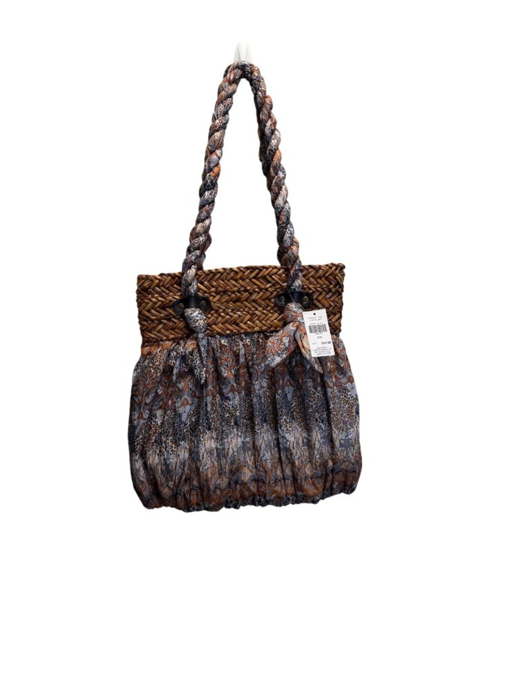Brown Multi-Patterned Straw & Fabric Tote Bag With Braided Handles By Cappelli